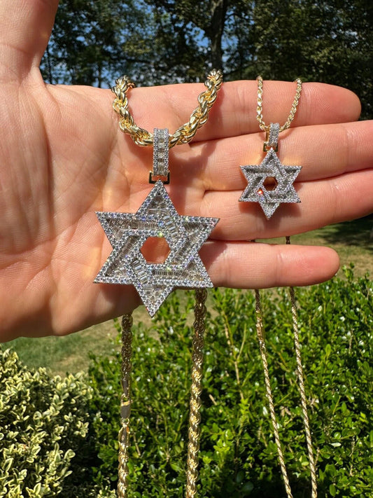 Hip Hop Moissanite Star Of David Pendant Iced Necklace Silver 14k Gold Plated 925 Silver