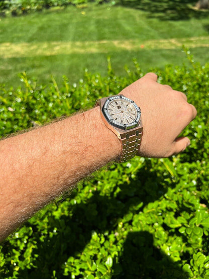 Hip Hop MOISSANITE Watch Iced Automatic Skeleton Back Rose Gold and Stainless Steel 44mm