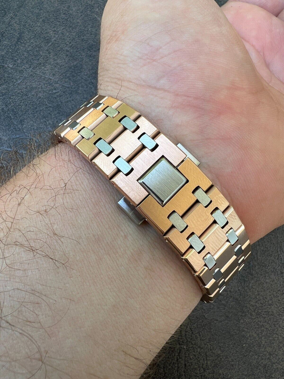 Hip Hop MOISSANITE Watch Iced Automatic Skeleton Back Rose Gold and Stainless Steel 44mm