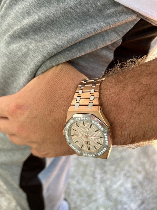 Hip Hop MOISSANITE Watch Iced Automatic Skeleton Back Rose Gold and Stainless Steel 44mm