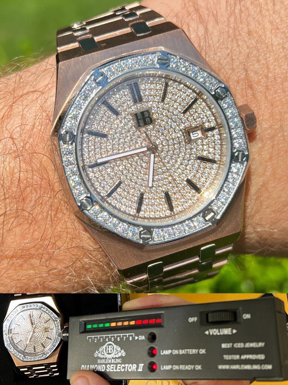 Hip Hop MOISSANITE Watch Iced Automatic Skeleton Back Rose Gold and Stainless Steel 44mm