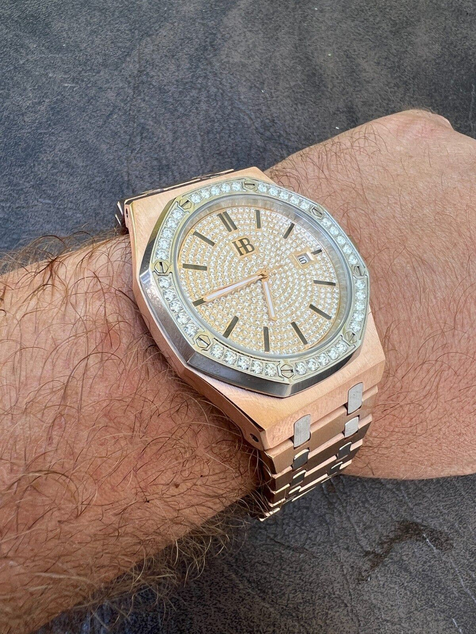 Hip Hop MOISSANITE Watch Iced Automatic Skeleton Back Rose Gold and Stainless Steel 44mm