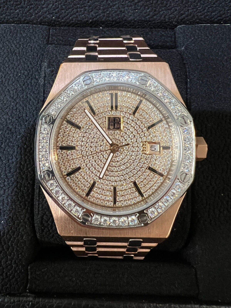 Hip Hop MOISSANITE Watch Iced Automatic Skeleton Back Rose Gold and Stainless Steel 44mm