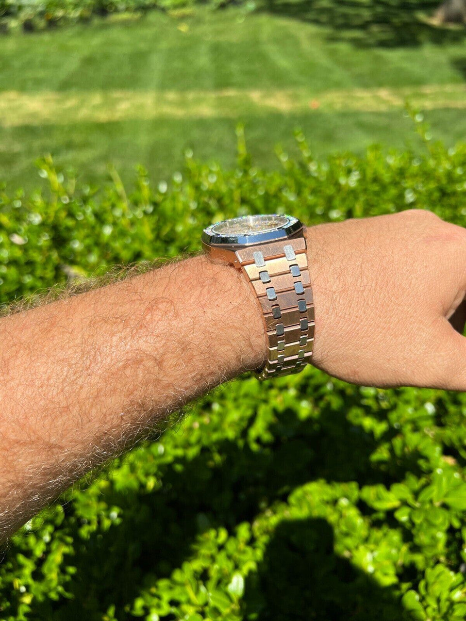 Hip Hop MOISSANITE Watch Iced Automatic Skeleton Back Rose Gold and Stainless Steel 44mm