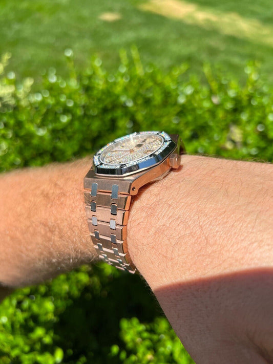 Hip Hop MOISSANITE Watch Iced Automatic Skeleton Back Rose Gold and Stainless Steel 44mm