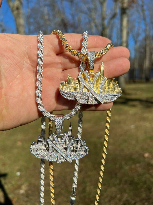 Hip Hop New York NYC Skyline Pendant Iced Diamond Real 925 Silver Gold Necklace
