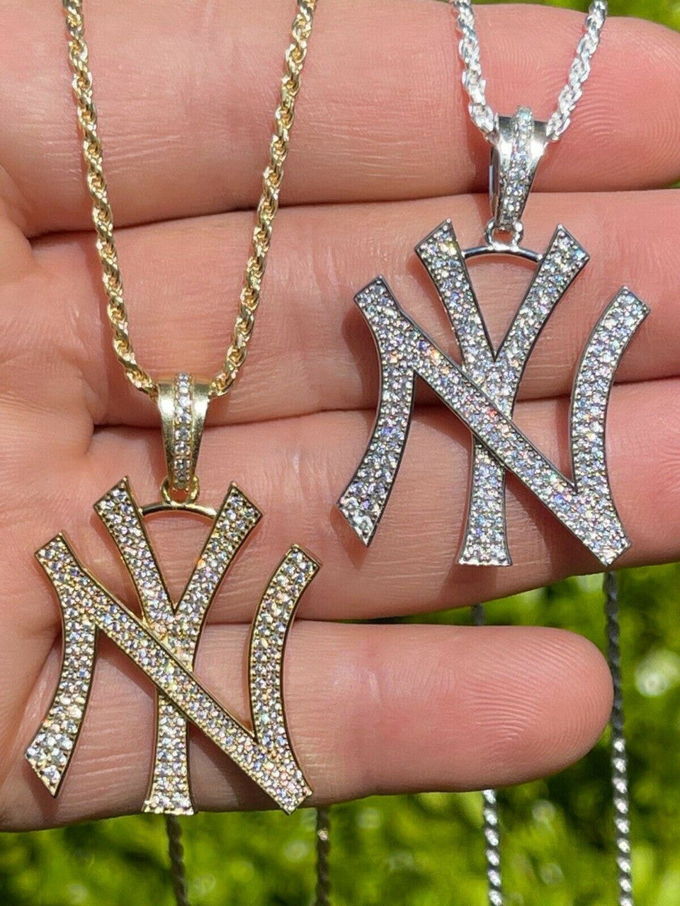14K Yankees フィガロチェーン new top jewelry Hip Hop New York Pendant - Iced Diamond Real 925 Silver Gold
