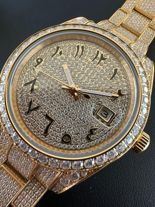 Hip Hop No Logo 16ct MOISSANITE Mens Gold Presidential Watch Honeycomb Iced Arabic Dial
