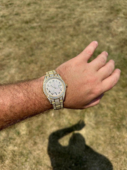 Hip Hop No Logo 16ct MOISSANITE Mens Gold Presidential Watch Honeycomb Iced Arabic Dial