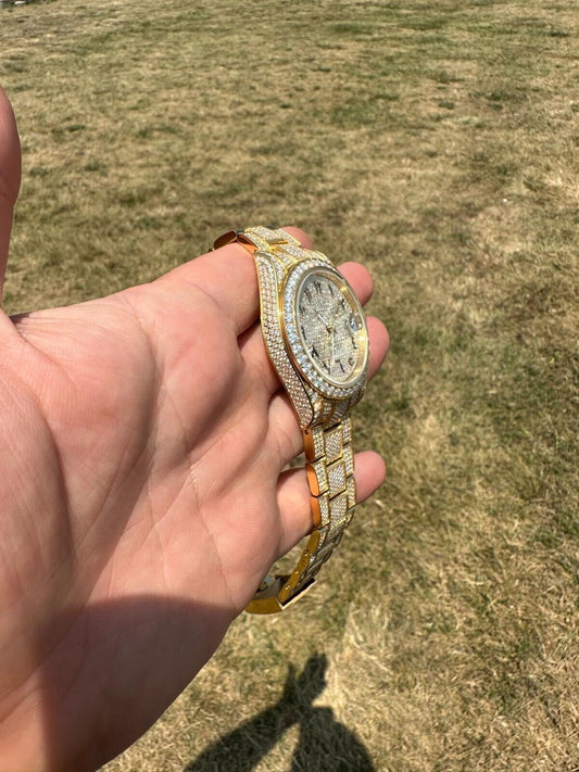 Hip Hop No Logo 16ct MOISSANITE Mens Gold Presidential Watch Honeycomb Iced Arabic Dial