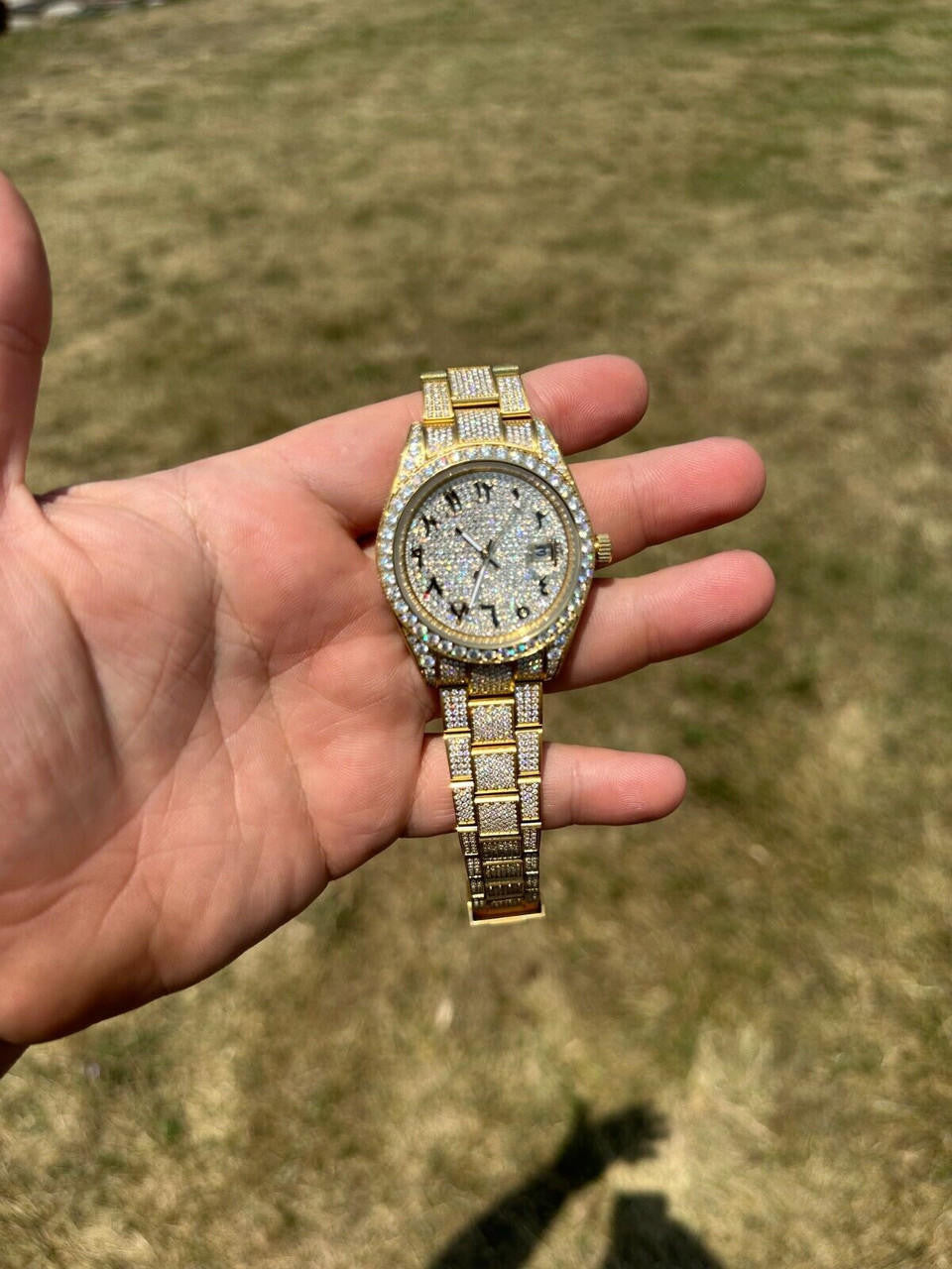 Hip Hop No Logo 16ct MOISSANITE Mens Gold Presidential Watch Honeycomb Iced Arabic Dial