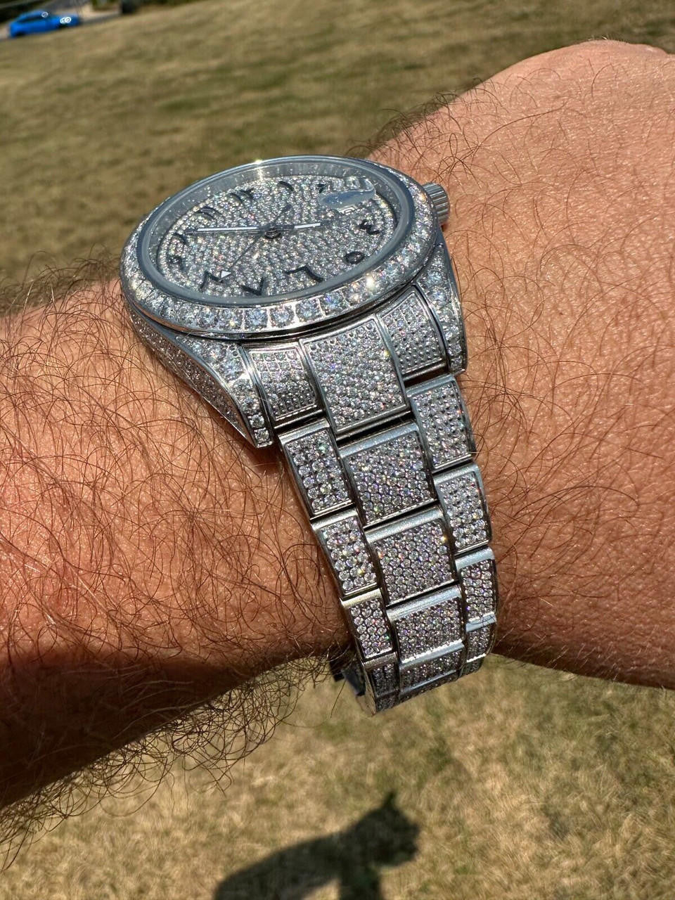 Hip Hop No Logo 16ct MOISSANITE Mens Presidential Watch Honeycomb Set Iced Arabic Dial