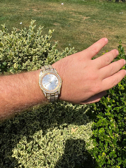 Hip Hop Real 13.3ct MOISSANITE Automatic Presidential Watch Gold Iced Hip Hop Pearl Face