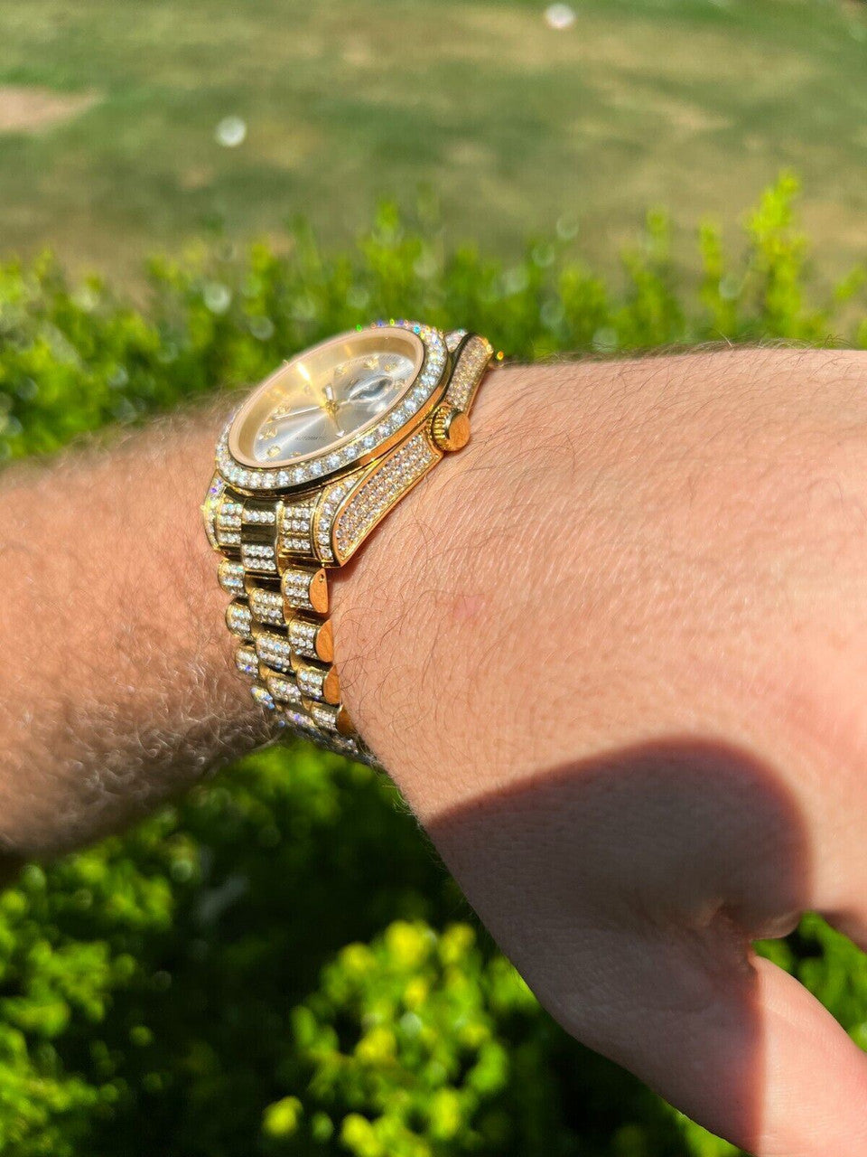 Hip Hop Real 13.3ct MOISSANITE Automatic Presidential Watch Gold Iced Hip Hop Pearl Face