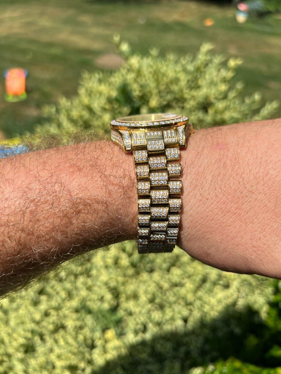 Hip Hop Real 13.3ct MOISSANITE Automatic Presidential Watch Gold Iced Hip Hop Pearl Face