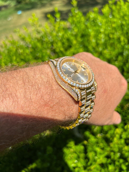 Hip Hop Real 13.3ct MOISSANITE Automatic Presidential Watch Gold Iced Hip Hop Pearl Face