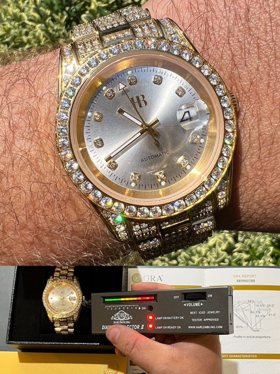 Hip Hop Real 13.3ct MOISSANITE Automatic Presidential Watch Gold Iced Hip Hop Pearl Face