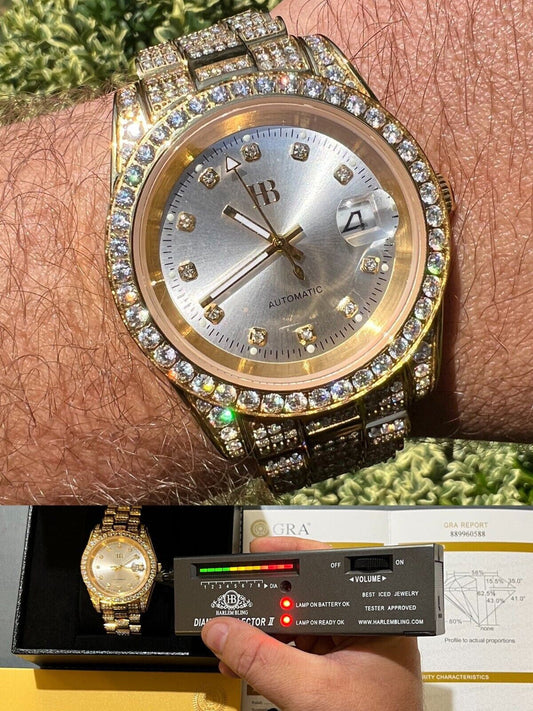 Hip Hop Real 13.3ct MOISSANITE Automatic Presidential Watch Gold Iced Hip Hop Pearl Face