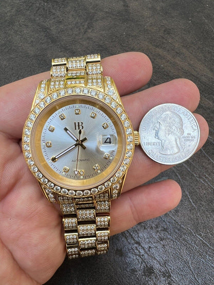 Hip Hop Real 13.3ct MOISSANITE Automatic Presidential Watch Gold Iced Hip Hop Pearl Face
