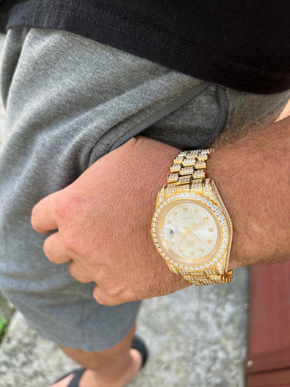 Hip Hop Real 13.3ct MOISSANITE Automatic Presidential Watch Gold Iced Hip Hop Pearl Face