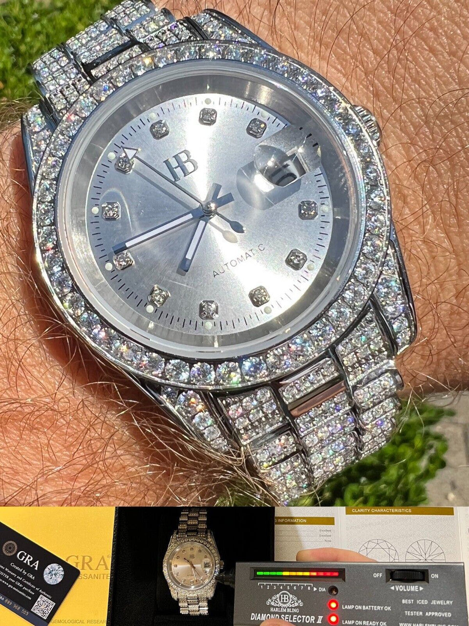 Hip Hop Real 13.3ct MOISSANITE Automatic Presidential Watch Silver Iced Hip Hop Pearl