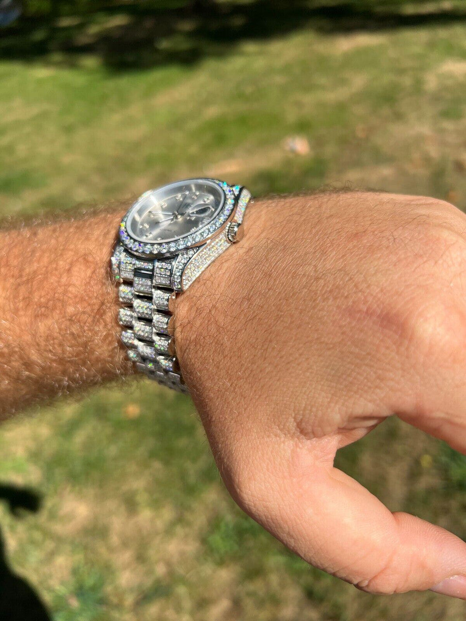 Hip Hop Real 13.3ct MOISSANITE Automatic Presidential Watch Silver Iced Hip Hop Pearl