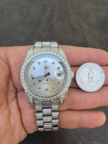 Hip Hop Real 13.3ct MOISSANITE Automatic Presidential Watch Silver Iced Hip Hop Pearl