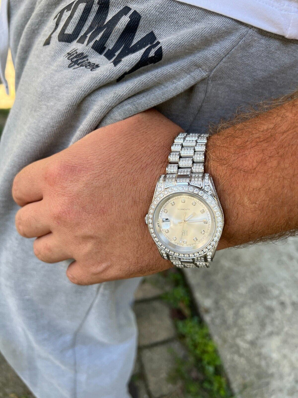 Hip Hop Real 13.3ct MOISSANITE Automatic Presidential Watch Silver Iced Hip Hop Pearl