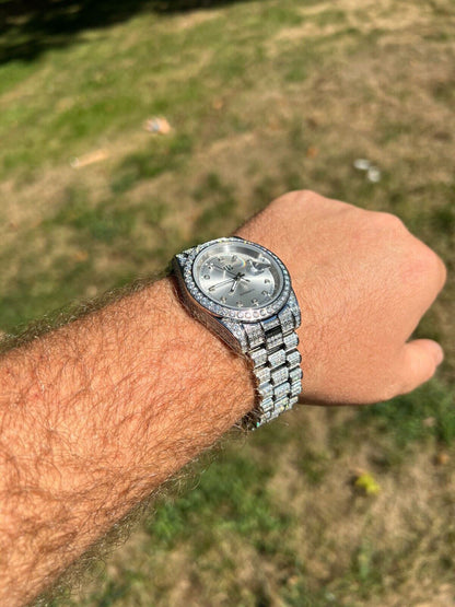 Hip Hop Real 13.3ct MOISSANITE Automatic Presidential Watch Silver Iced Hip Hop Pearl