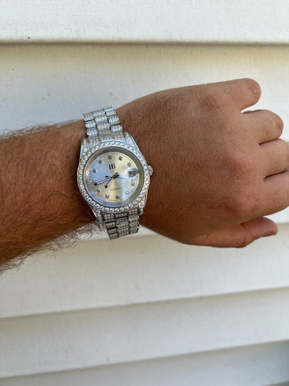 Hip Hop Real 13.3ct MOISSANITE Automatic Presidential Watch Silver Iced Hip Hop Pearl