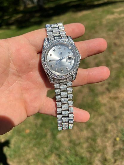 Hip Hop Real 13.3ct MOISSANITE Automatic Presidential Watch Silver Iced Hip Hop Pearl