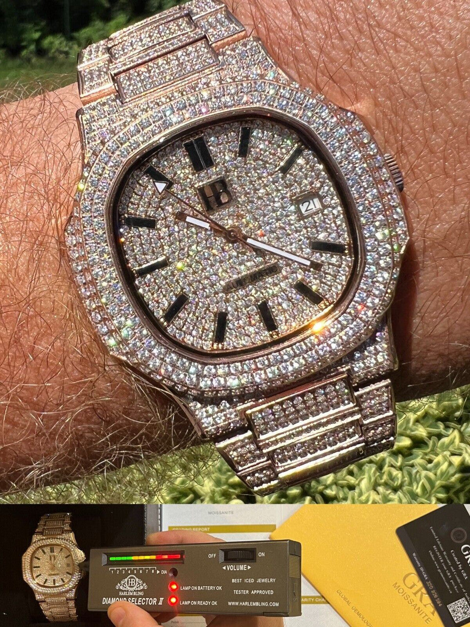 Hip Hop Real 14ct MOISSANITE Mens Watch Iced Stainless 14k Rose Gold Pass Diamond Test