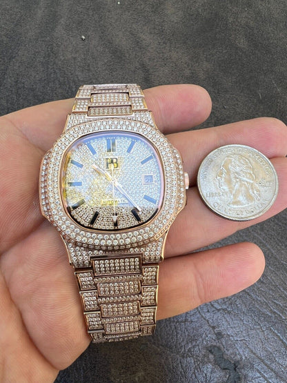 Hip Hop Real 14ct MOISSANITE Mens Watch Iced Stainless 14k Rose Gold Pass Diamond Test