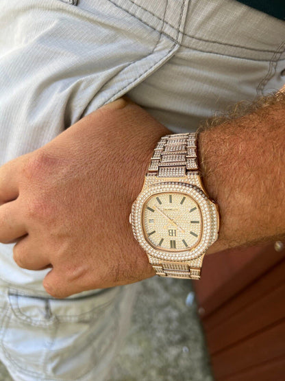 Hip Hop Real 14ct MOISSANITE Mens Watch Iced Stainless 14k Rose Gold Pass Diamond Test