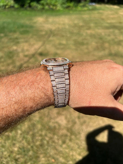 Hip Hop Real 14ct MOISSANITE Mens Watch Iced Stainless 14k Rose Gold Pass Diamond Test