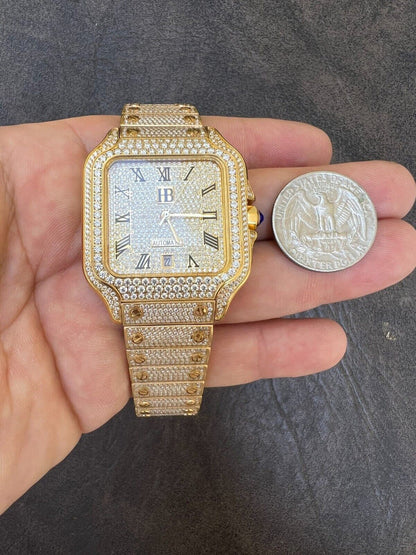 Hip Hop Real 16ct VVS MOISSANITE Mens Gold Watch Iced Sweeping Hand Automatic Hip Hop