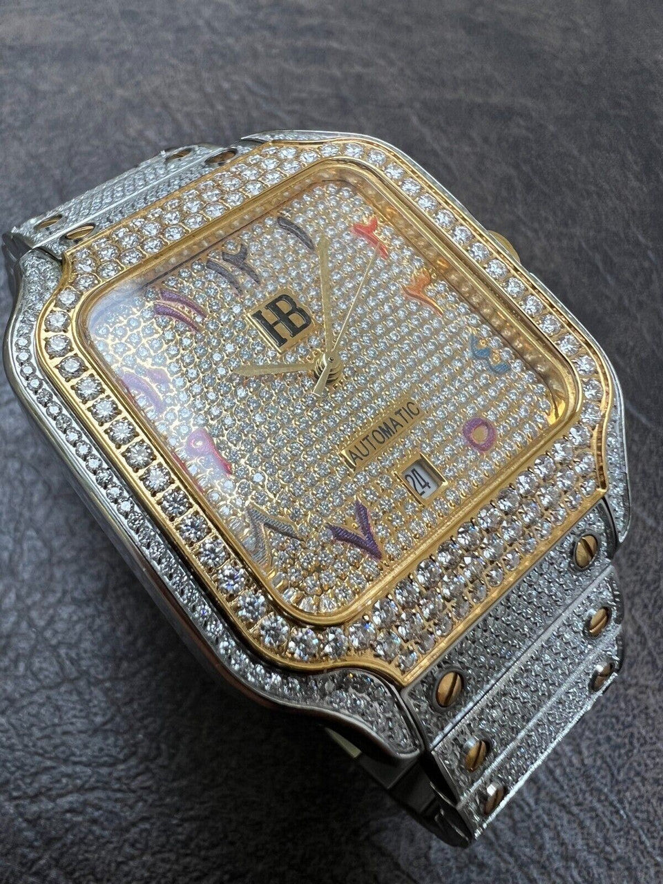 Hip Hop Real 16ct VVS MOISSANITE Watch Iced Automatic Movement Gold Hip Hop Arabic Out