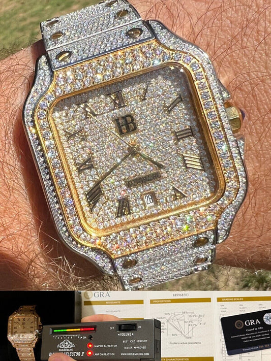 Hip Hop Real 16ct VVS MOISSANITE Watch Iced Automatic Movement Hip Hop Two Tone Gold