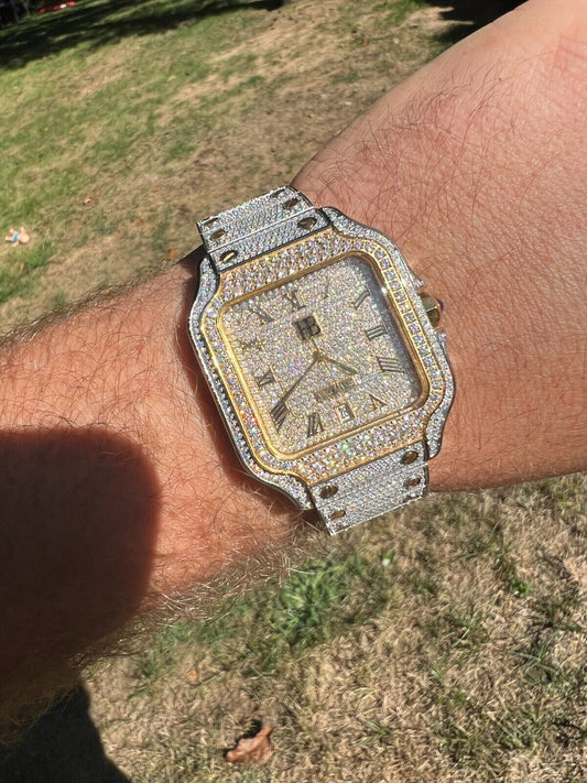 Hip Hop Real 16ct VVS MOISSANITE Watch Iced Automatic Movement Hip Hop Two Tone Gold