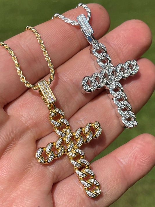 Hip Hop Real 925 Silver / Gold Cuban Link Cross Pendant Iced Hip Hop Diamond Necklace