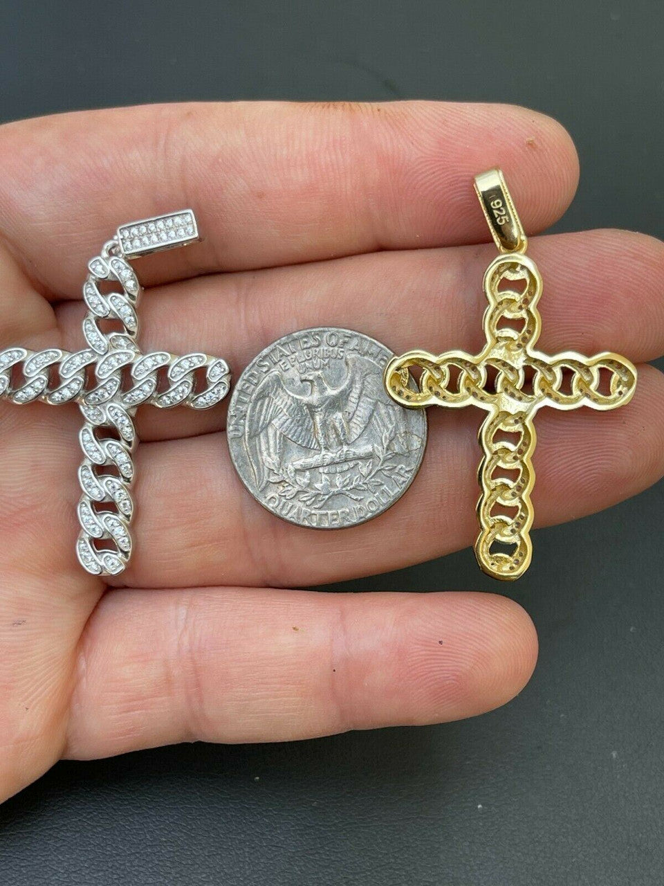 Hip Hop Real 925 Silver / Gold Cuban Link Cross Pendant Iced Hip Hop Diamond Necklace
