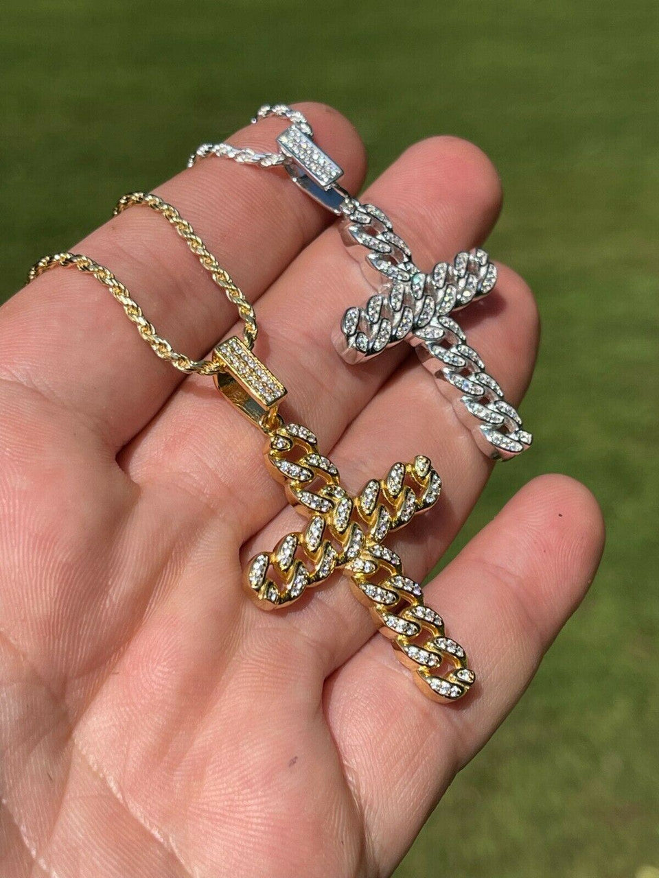 Hip Hop Real 925 Silver / Gold Cuban Link Cross Pendant Iced Hip Hop Diamond Necklace