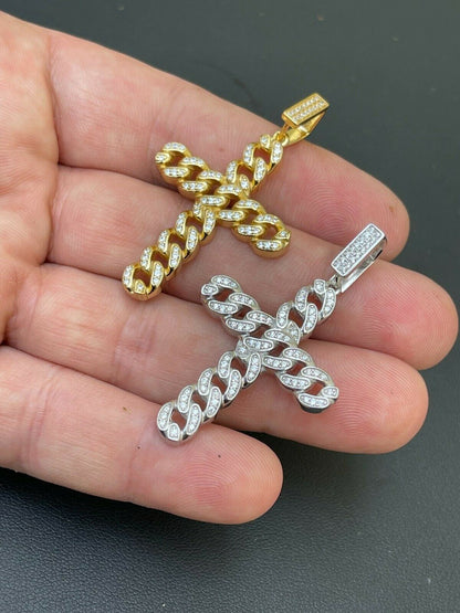 Hip Hop Real 925 Silver / Gold Cuban Link Cross Pendant Iced Hip Hop Diamond Necklace