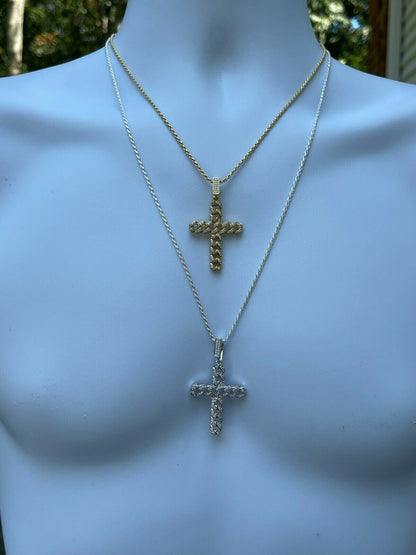 Hip Hop Real 925 Silver / Gold Cuban Link Cross Pendant Iced Hip Hop Diamond Necklace