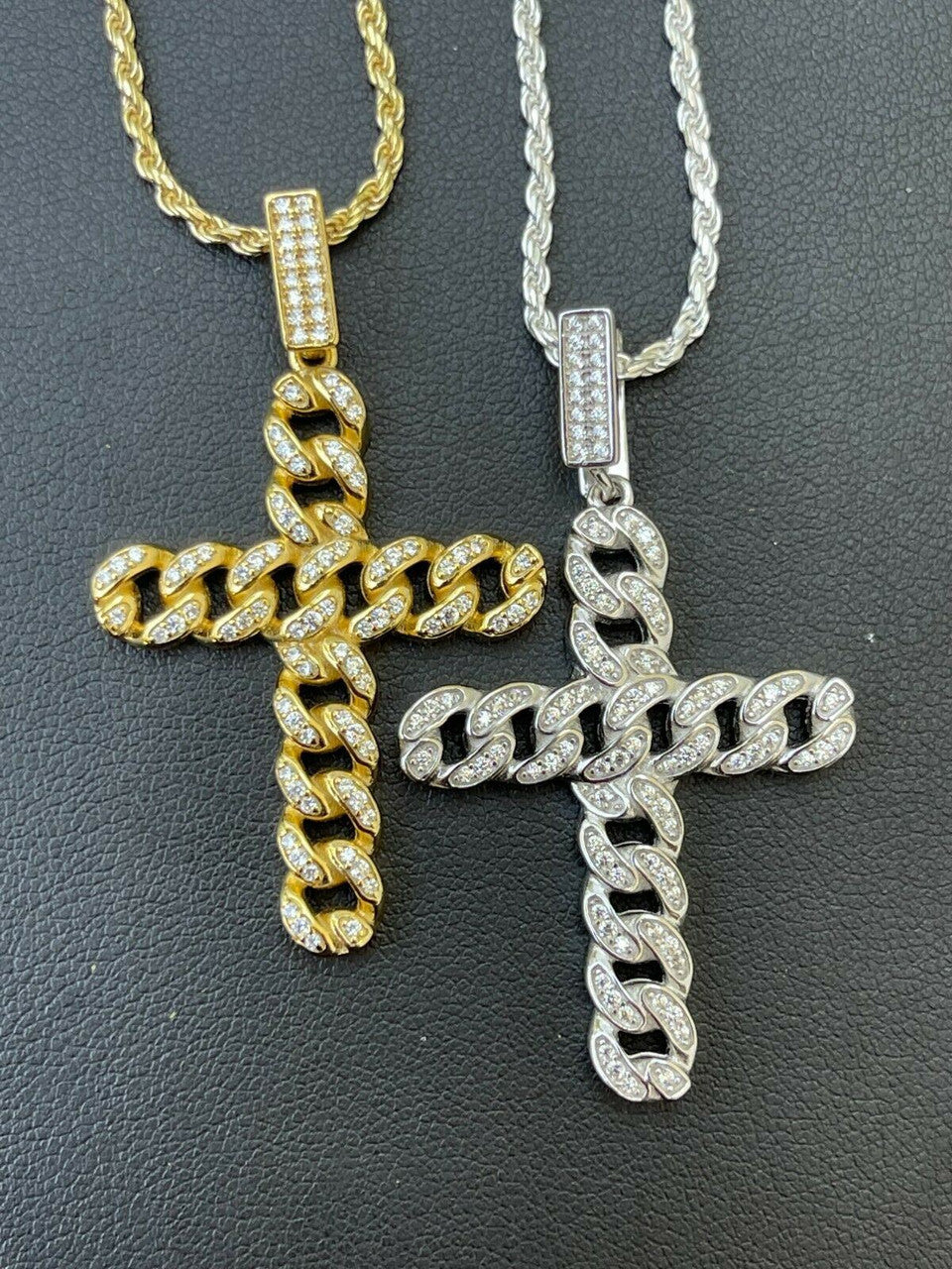 Hip Hop Real 925 Silver / Gold Cuban Link Cross Pendant Iced Hip Hop Diamond Necklace