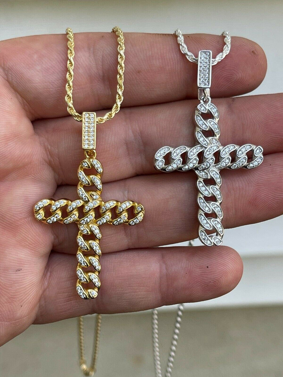 Hip Hop Real 925 Silver / Gold Cuban Link Cross Pendant Iced Hip Hop Diamond Necklace