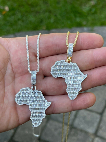 Hip Hop Real 925 Silver Gold Hip Hop Africa Map Shape Pendant Iced Diamond Necklace Gold