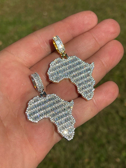 Hip Hop Real 925 Silver Gold Hip Hop Africa Map Shape Pendant Iced Diamond Necklace Gold