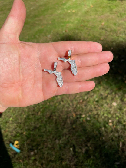 Hip Hop Real 925 Silver Hip Hop Florida State Shape Pendant Iced Diamond Necklace Gold