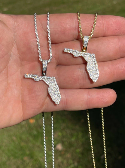 Hip Hop Real 925 Silver Hip Hop Florida State Shape Pendant Iced Diamond Necklace Gold